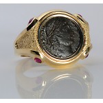 14KT GOLD RING with RUBIES and ANCIENT ROMAN BRONZE COIN circa 337-361 A.D.
